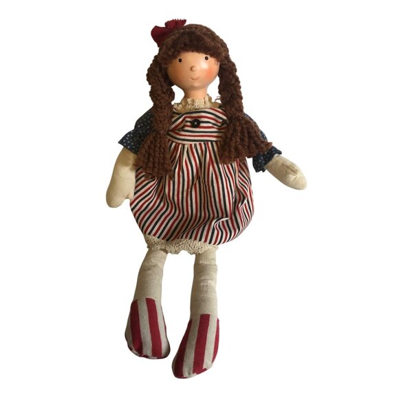 Patriotic Primitive Doll Red White Blue Striped Dress Braids Weighted Bottom - Picture 1 of 6